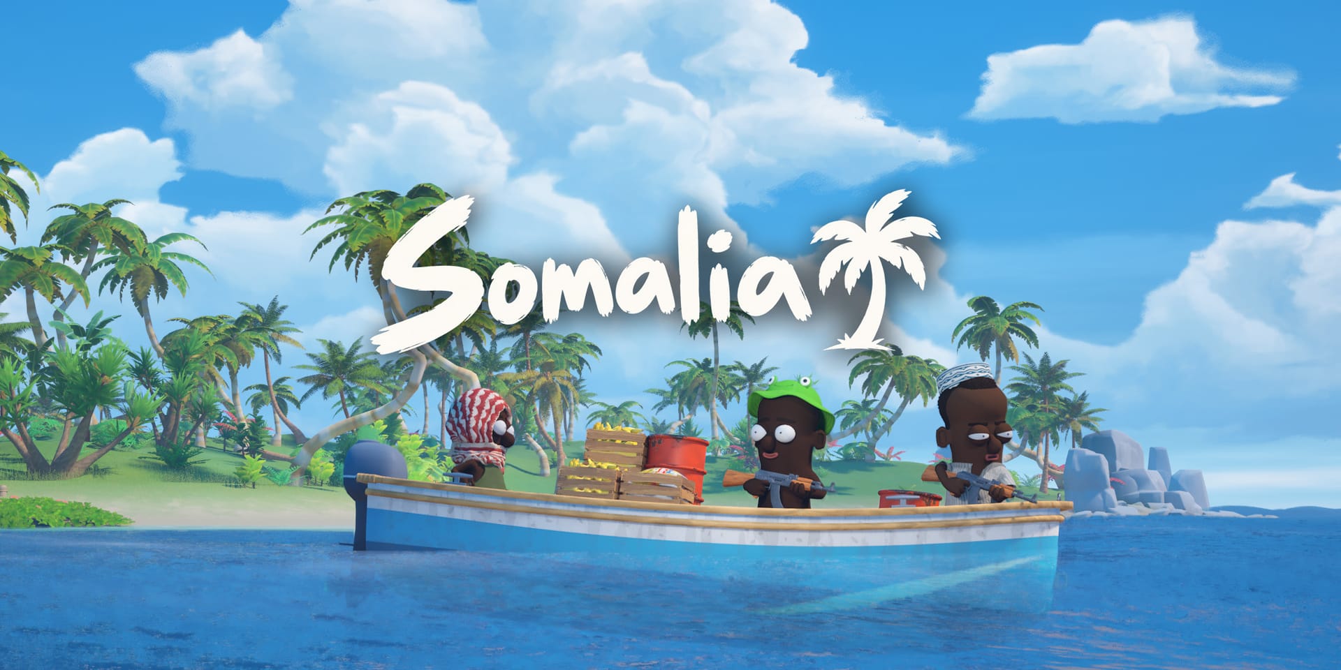 Somalia, a co-op pirate game by halfbrain: a crew in a small boat loaded with bananas and rice off a palm-covered island